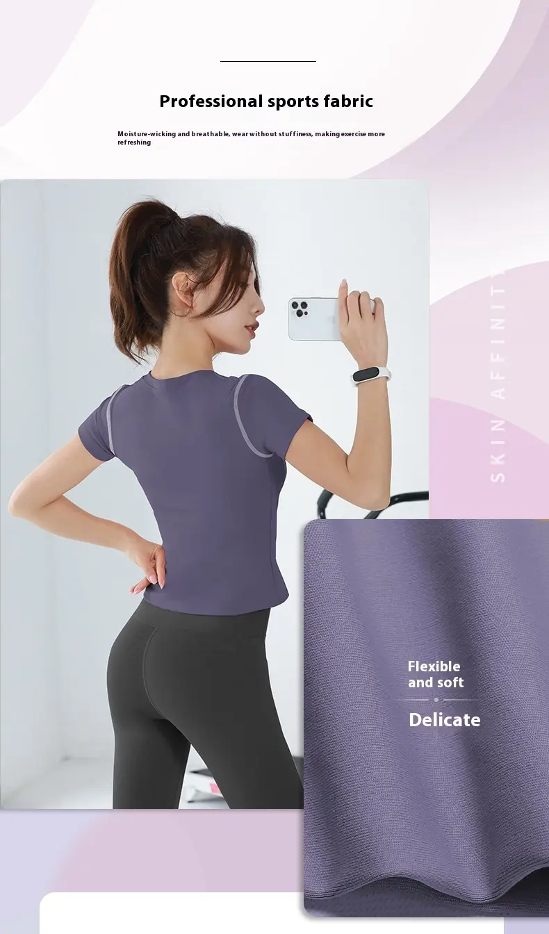 Juyitang Short Sleeve Yoga Top Double Arc Slim Fit Skinny Breathable Running Fitness Clothing Women's T-Shirt