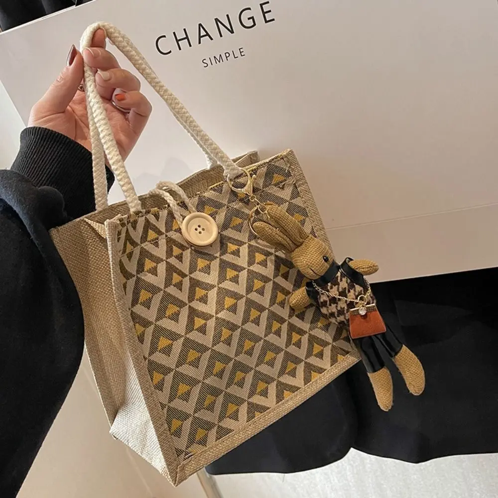Linen Fabric Canvas Handbag Portable Reusable Large-capacity Small Tote Bag With Button Picnic Breakfast Bag School Books Bag