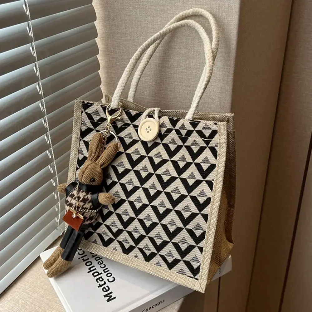 Linen Fabric Canvas Handbag Portable Reusable Large-capacity Small Tote Bag With Button Picnic Breakfast Bag School Books Bag