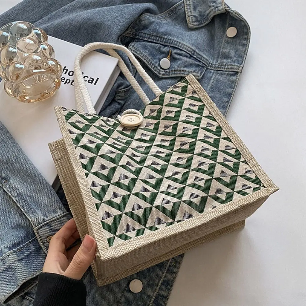 Linen Fabric Canvas Handbag Portable Reusable Large-capacity Small Tote Bag With Button Picnic Breakfast Bag School Books Bag