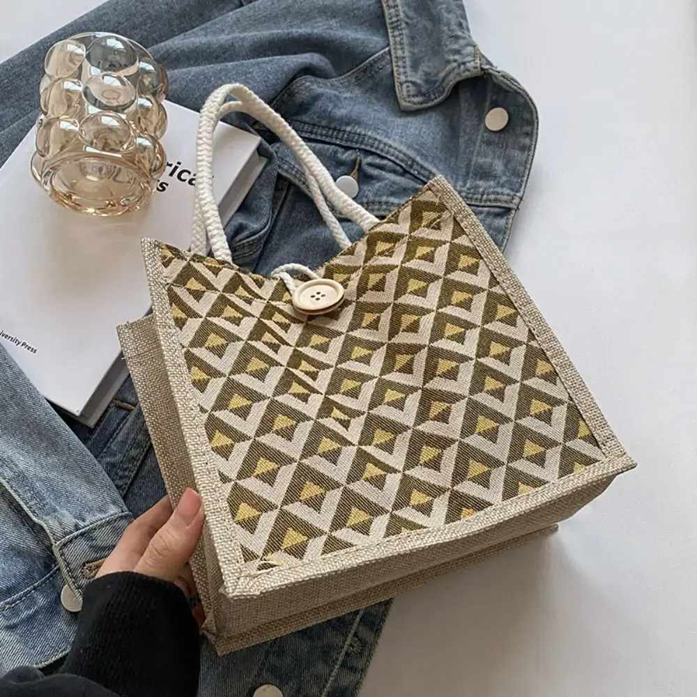 Linen Fabric Canvas Handbag Portable Reusable Large-capacity Small Tote Bag With Button Picnic Breakfast Bag School Books Bag
