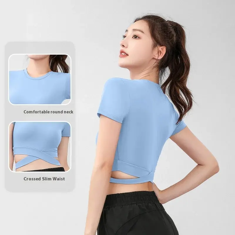 Juyitang peach open button cross short sleeve summer slim yoga clothes high waist tight fitness top women