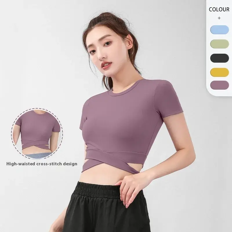 Juyitang peach open button cross short sleeve summer slim yoga clothes high waist tight fitness top women