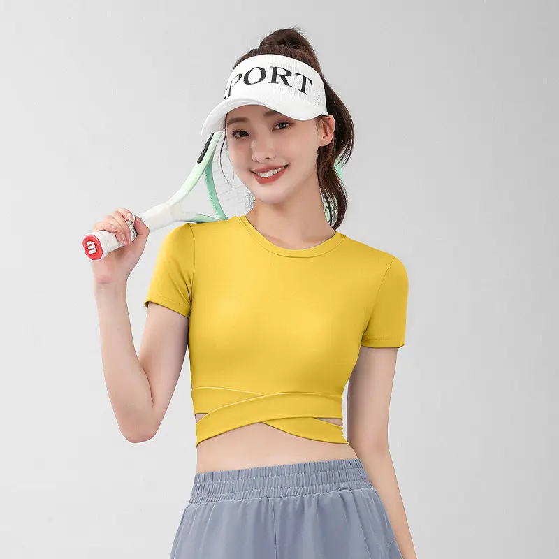 Juyitang peach open button cross short sleeve summer slim yoga clothes high waist tight fitness top women