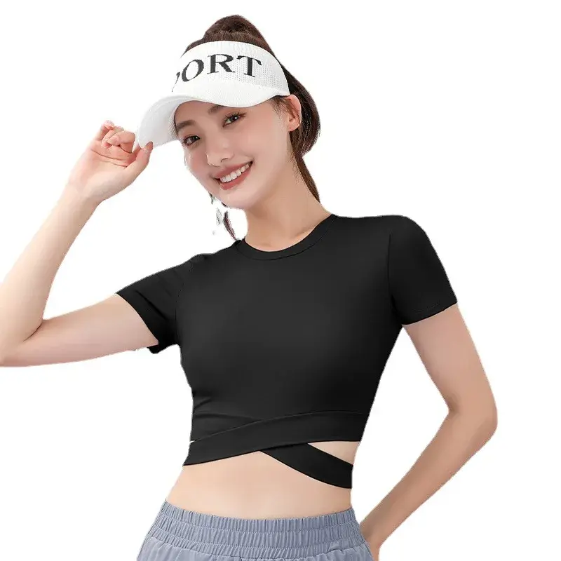 Juyitang peach open button cross short sleeve summer slim yoga clothes high waist tight fitness top women
