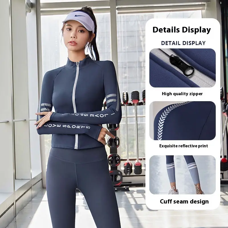 Juyatang letter zipper printed yoga jacket semi-turtleneck nude fitness top fashion sports jacket women