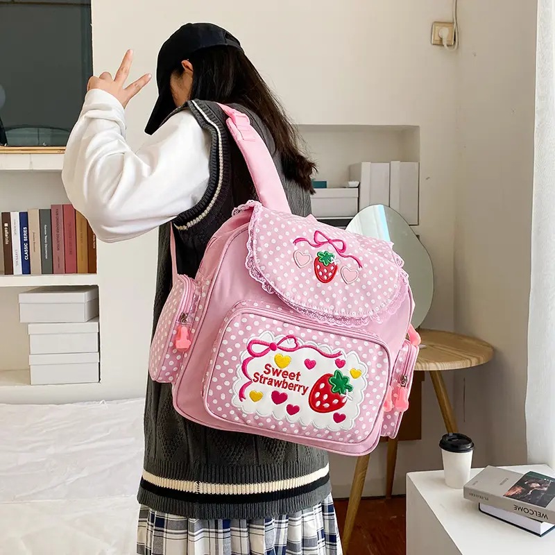 Japanese ins soft sister Sweet lady lovely embroidery fruit strawberry lace girl student backpack schoolgirl