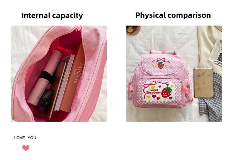 Japanese ins soft sister Sweet lady lovely embroidery fruit strawberry lace girl student backpack schoolgirl