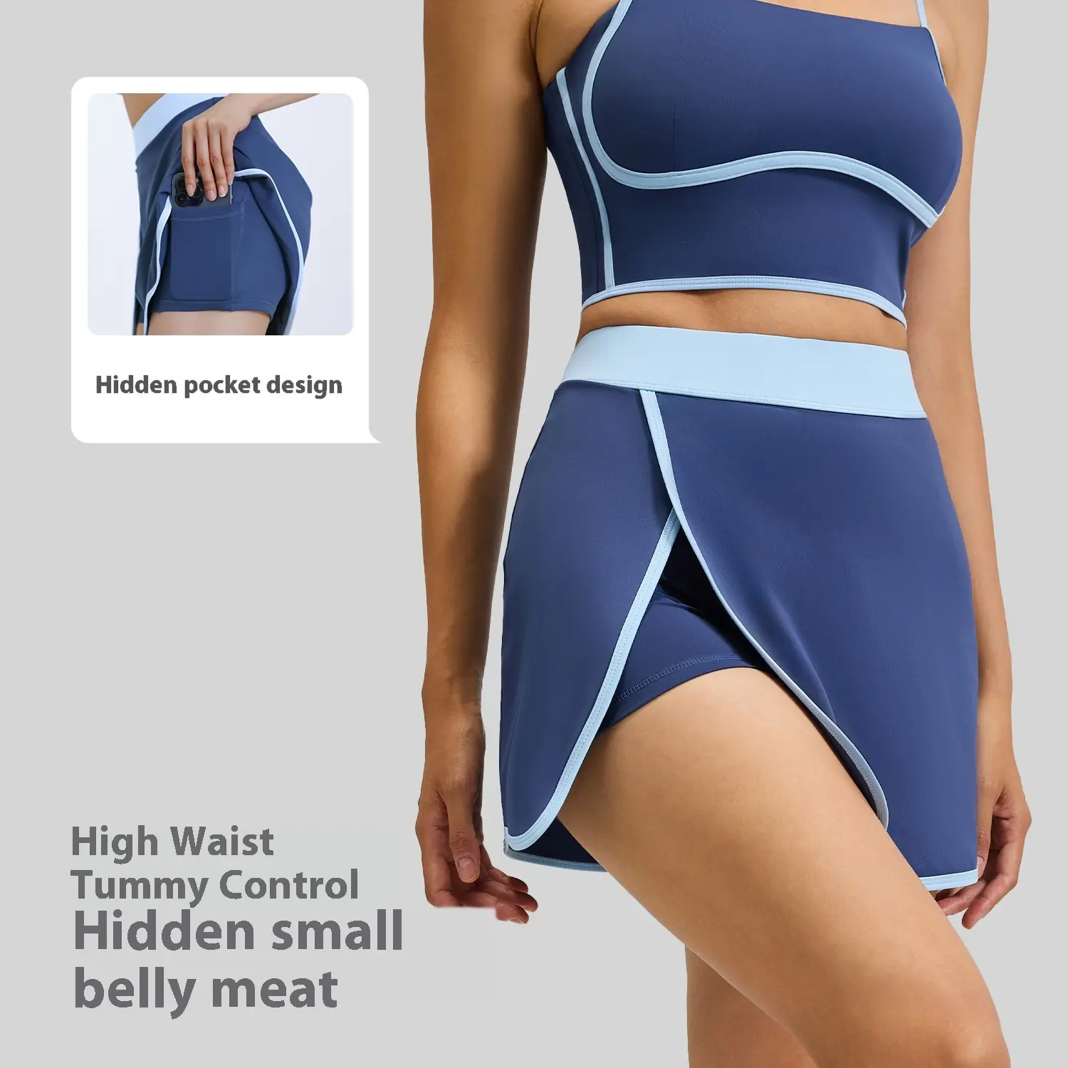 Juyatang linear yoga skirt fake two pieces anti-light built-in pocket fitness sports skirt