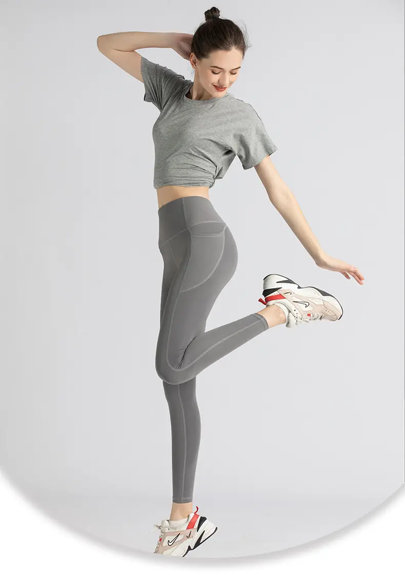 Side pocket yoga pants women's cross-border peach high waist hip lift elastic running backing sports fitness leggings yoga pants