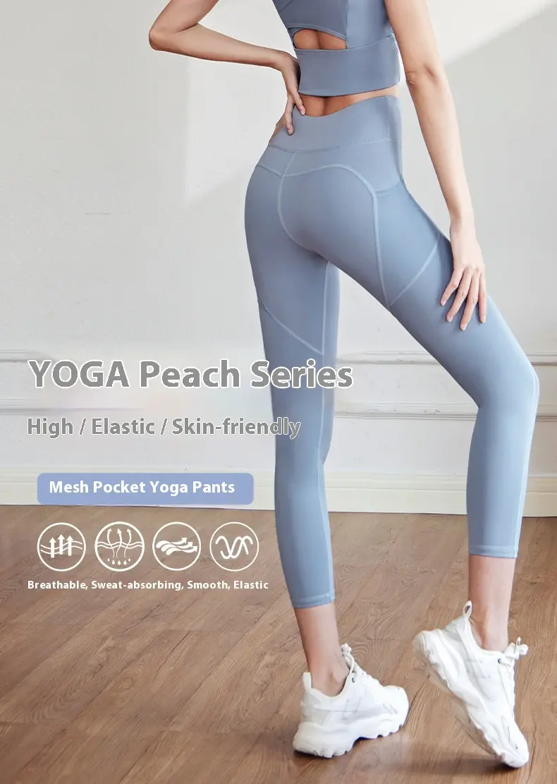 Processing, proofing, OEM logo source factory peach mesh side pocket hip yoga pants