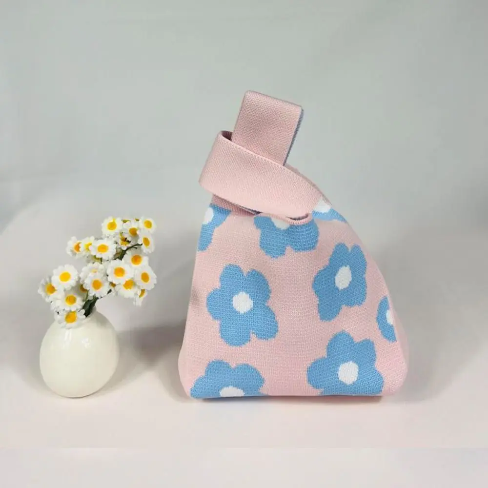 Fashion Flower Embroidery Knitted Handbag Women Mini Knot Wrist Bag Casual Tote Bag Handmade Large Capacity Shopping Bags