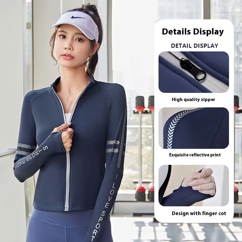 Juyitang autumn and winter velvet letter sports jacket women's warm and seamless sports top tight yoga jacket