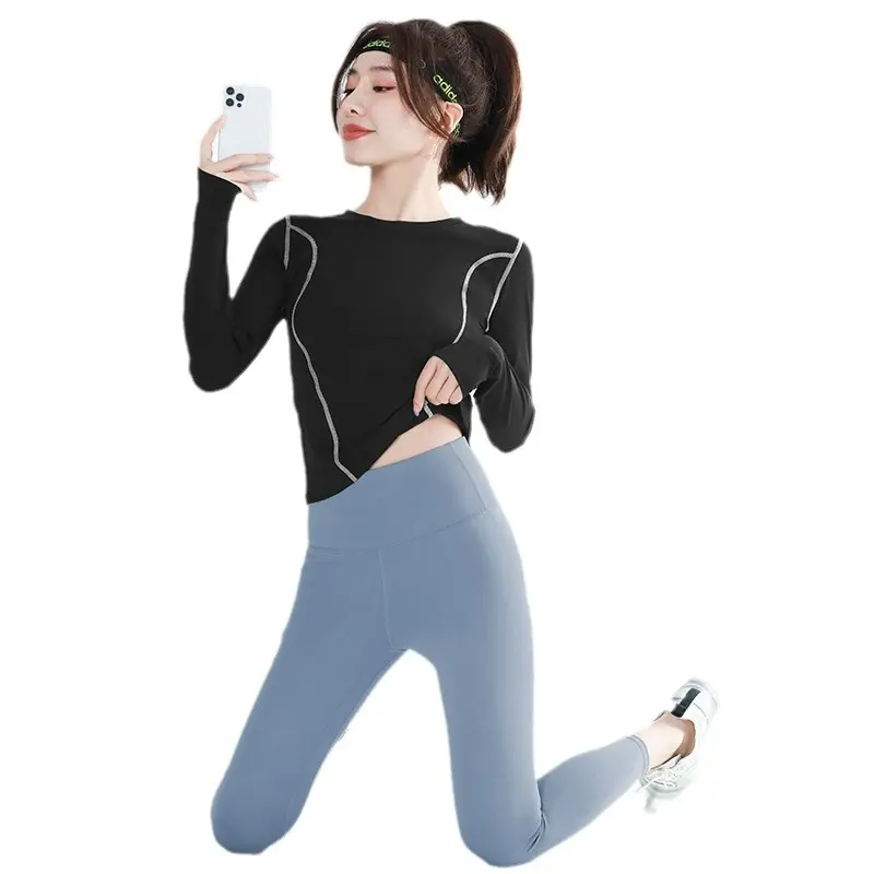 Juyitang yoga clothes sports top women's arc thumb mouth slim long sleeve T-shirt running fitness clothes