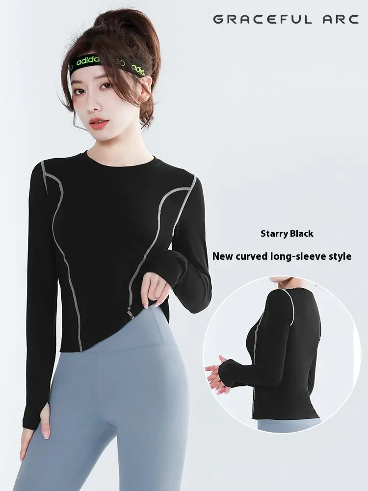 Juyitang yoga clothes sports top women's arc thumb mouth slim long sleeve T-shirt running fitness clothes
