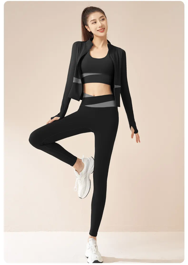 Juyitang color matching three-piece yoga suit yoga suit running waist slimming fitness suit