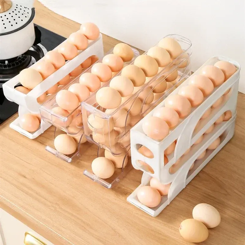 Household Automatic Rolling Egg Storage Box Kitchen Refrigerator Side Door Egg Preservation Rack Egg Boxes 4 Layer Eggs Storage