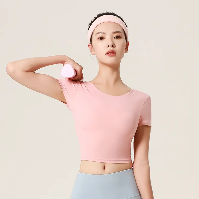 Naked beauty back cross yoga clothes tight sports top with chest pad elastic short fitness short sleeves