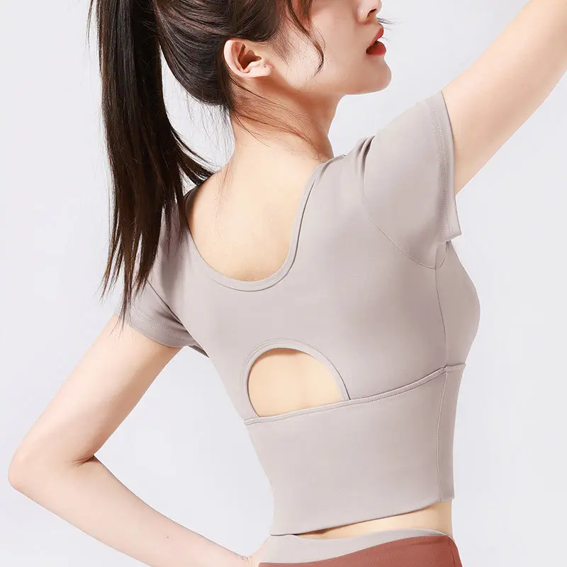 Juyatang nude sports tights peach diagonal top free bra outer yoga short sleeves fitness femme