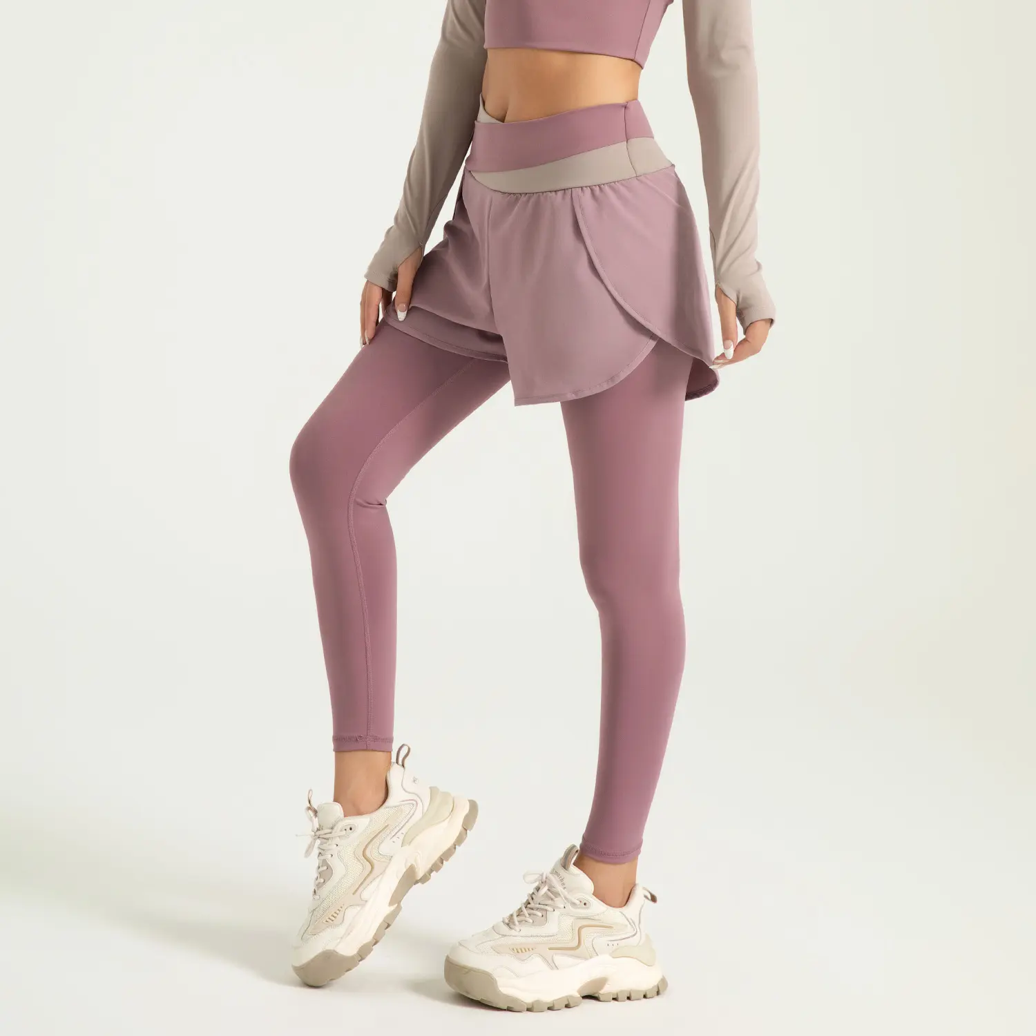 color matching fake two-piece yoga pants anti-light running high waist belly nude sports yoga pants