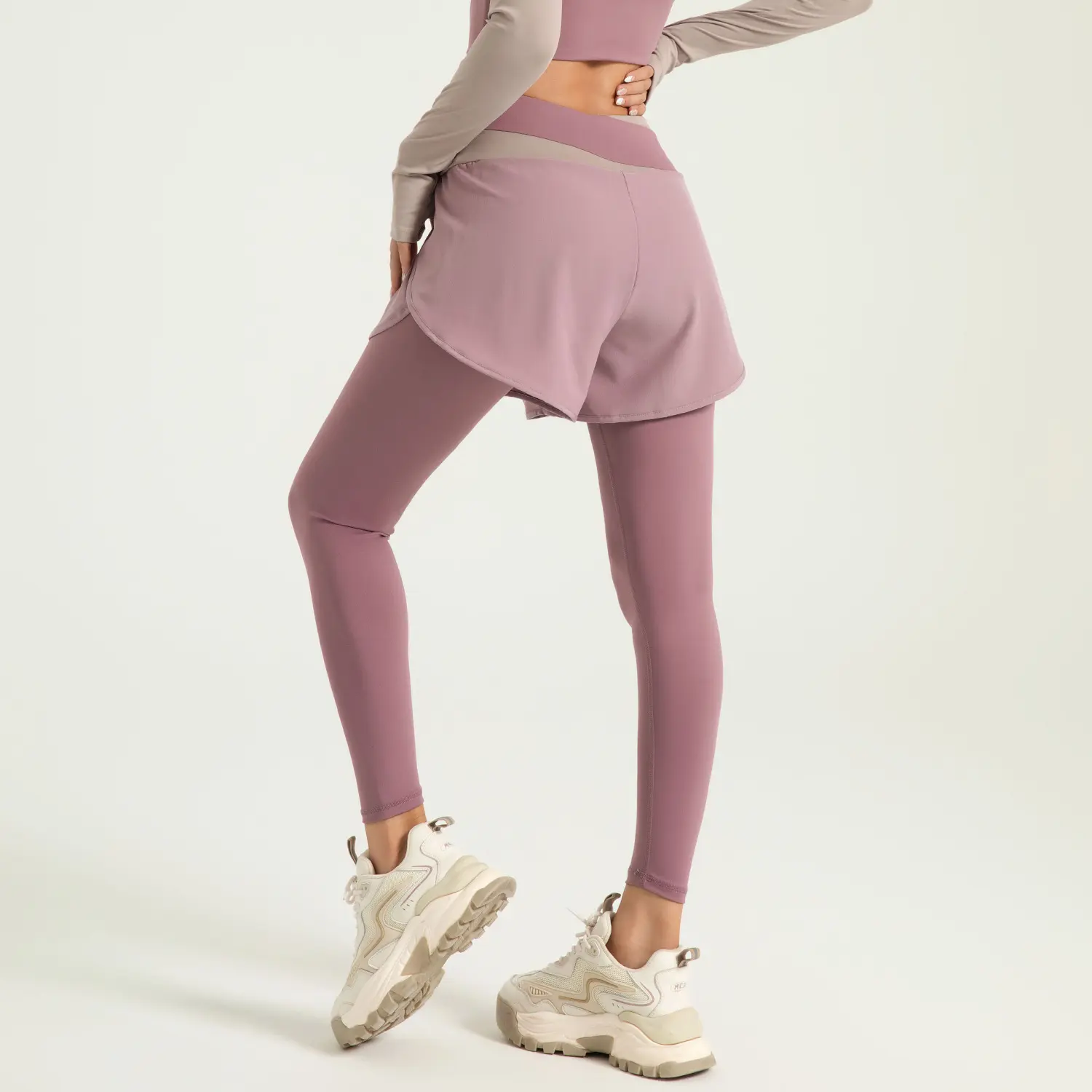 color matching fake two-piece yoga pants anti-light running high waist belly nude sports yoga pants
