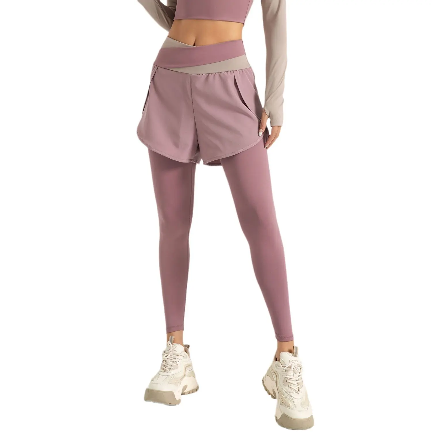 color matching fake two-piece yoga pants anti-light running high waist belly nude sports yoga pants