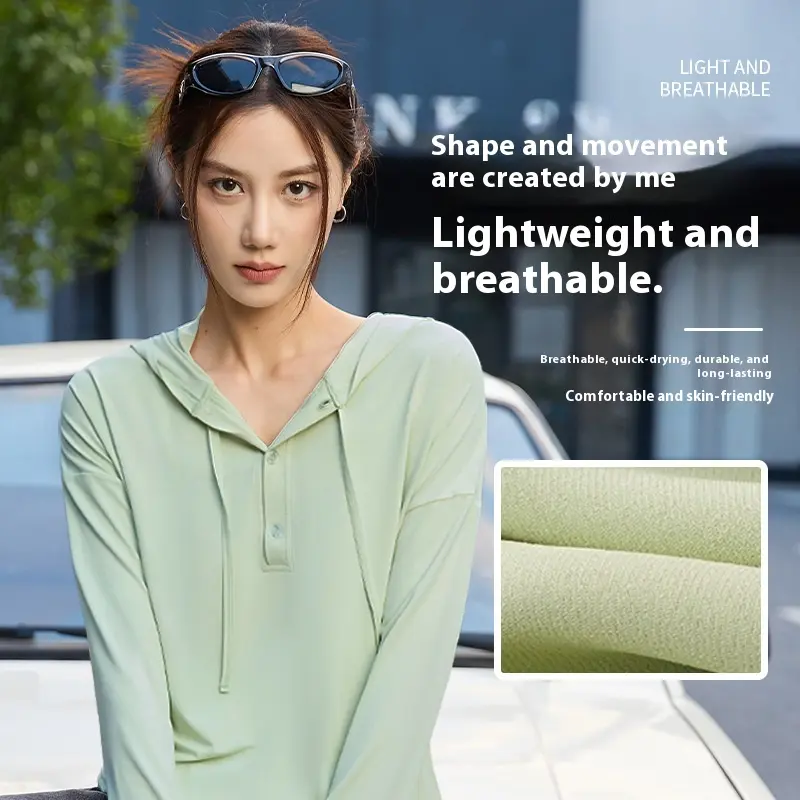Juyatang nude UV protection sports top loose hooded outdoor running fitness wear outer long sleeves