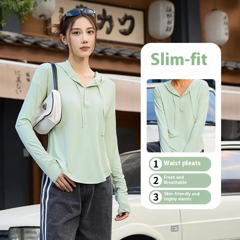 Juyatang nude UV protection sports top loose hooded outdoor running fitness wear outer long sleeves