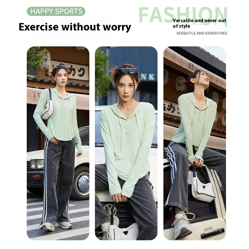 Juyatang nude UV protection sports top loose hooded outdoor running fitness wear outer long sleeves