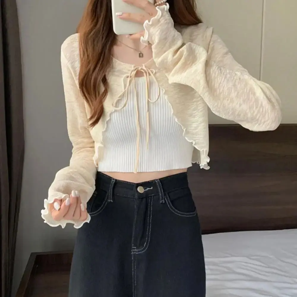 New Summer Women Sunscreen Cardigan Ruffle Design Sunscreen Clothing Slim Korean Style Casual Long Sleeve Short Coat