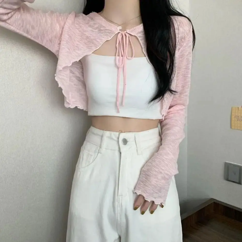 New Summer Women Sunscreen Cardigan Ruffle Design Sunscreen Clothing Slim Korean Style Casual Long Sleeve Short Coat