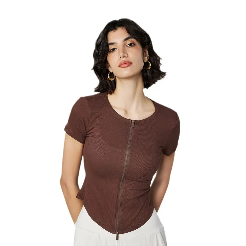 Slim-fit sports t-shirt women's round neck zipper yoga suit casual small waist fitness short sleeve summer womens clothing