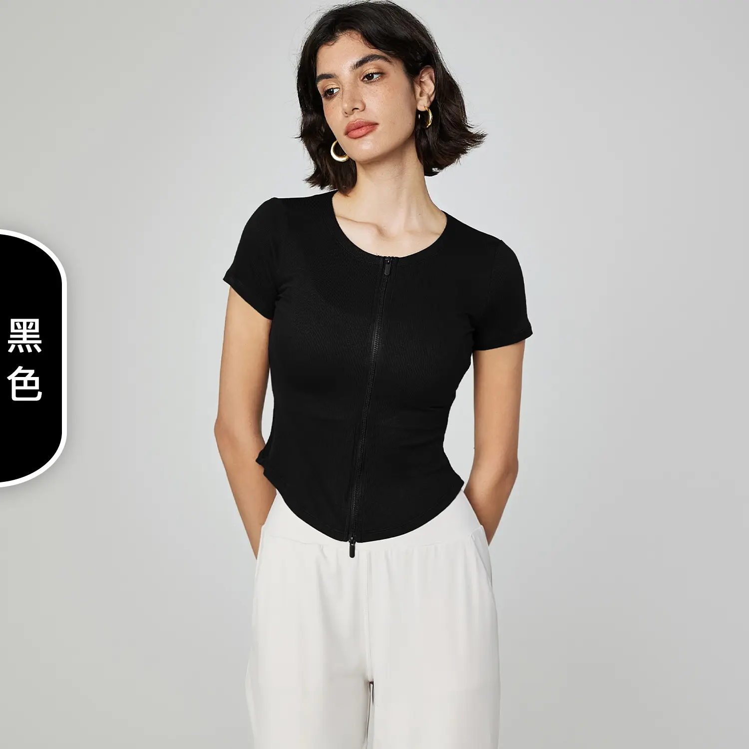 Slim-fit sports t-shirt women's round neck zipper yoga suit casual small waist fitness short sleeve summer womens clothing
