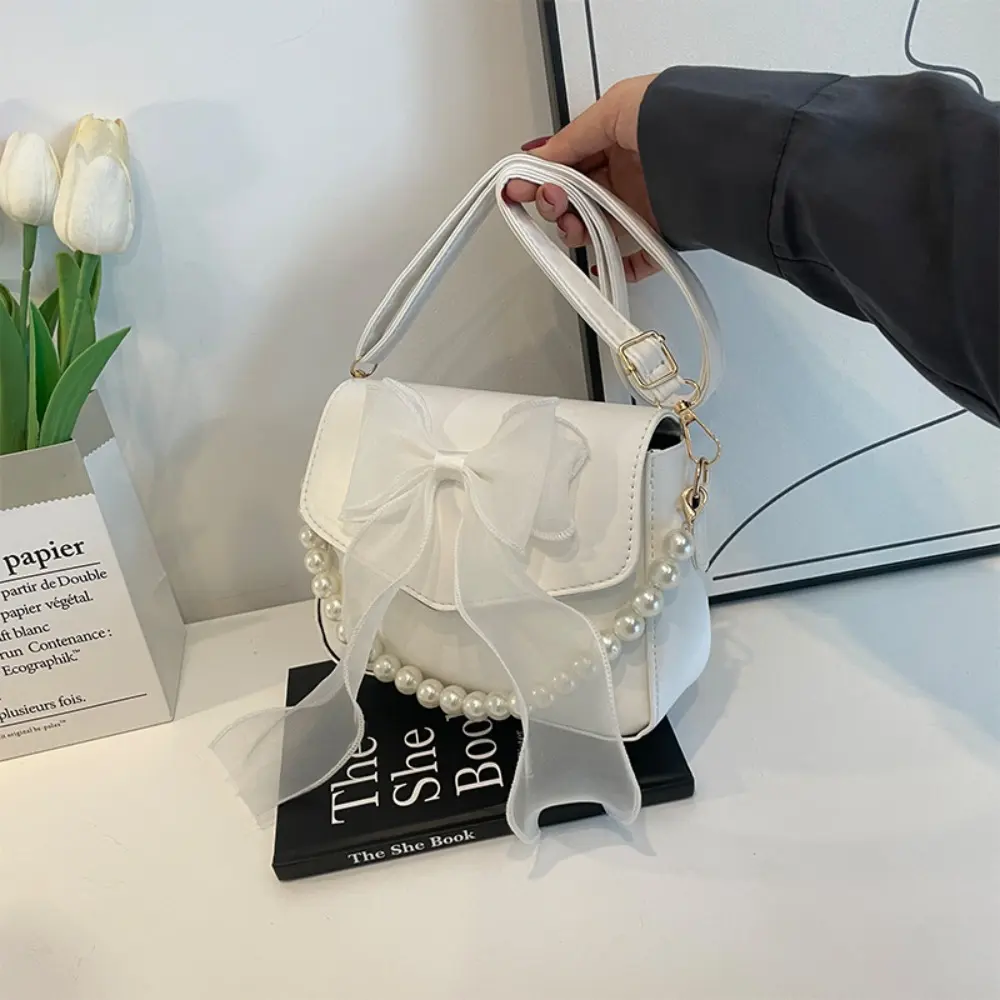 Solid Color PU Leather Pearl Chain Bag Bow Knot Fashion Top-Handle Bag Women Canvas Large Armpit Bag Shoulder Bag