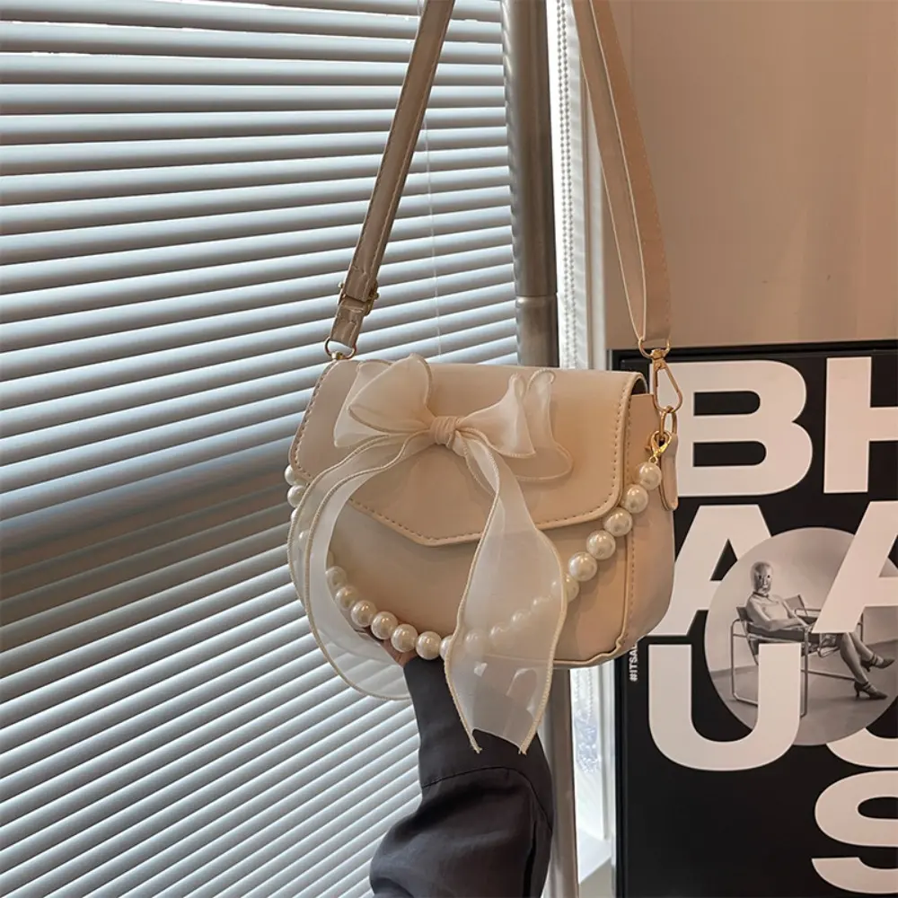 Solid Color PU Leather Pearl Chain Bag Bow Knot Fashion Top-Handle Bag Women Canvas Large Armpit Bag Shoulder Bag