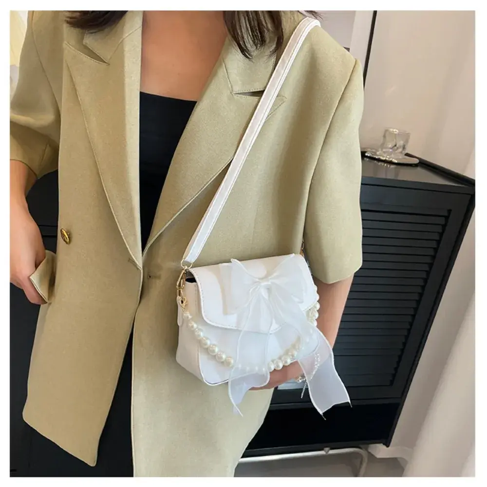 Solid Color PU Leather Pearl Chain Bag Bow Knot Fashion Top-Handle Bag Women Canvas Large Armpit Bag Shoulder Bag