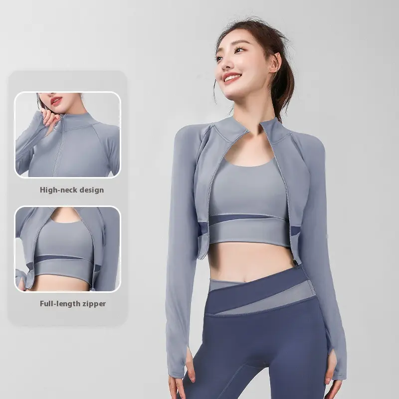 Juyitang open-navel color matching yoga jacket yoga clothing high-necked slim-fitting nude fitness jacket women