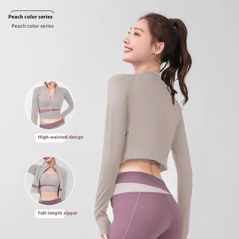 Juyitang open-navel color matching yoga jacket yoga clothing high-necked slim-fitting nude fitness jacket women