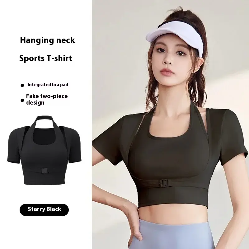 Juyitang neck yoga clothes tight women's fitness yoga short-sleeved set sports top fitness clothes