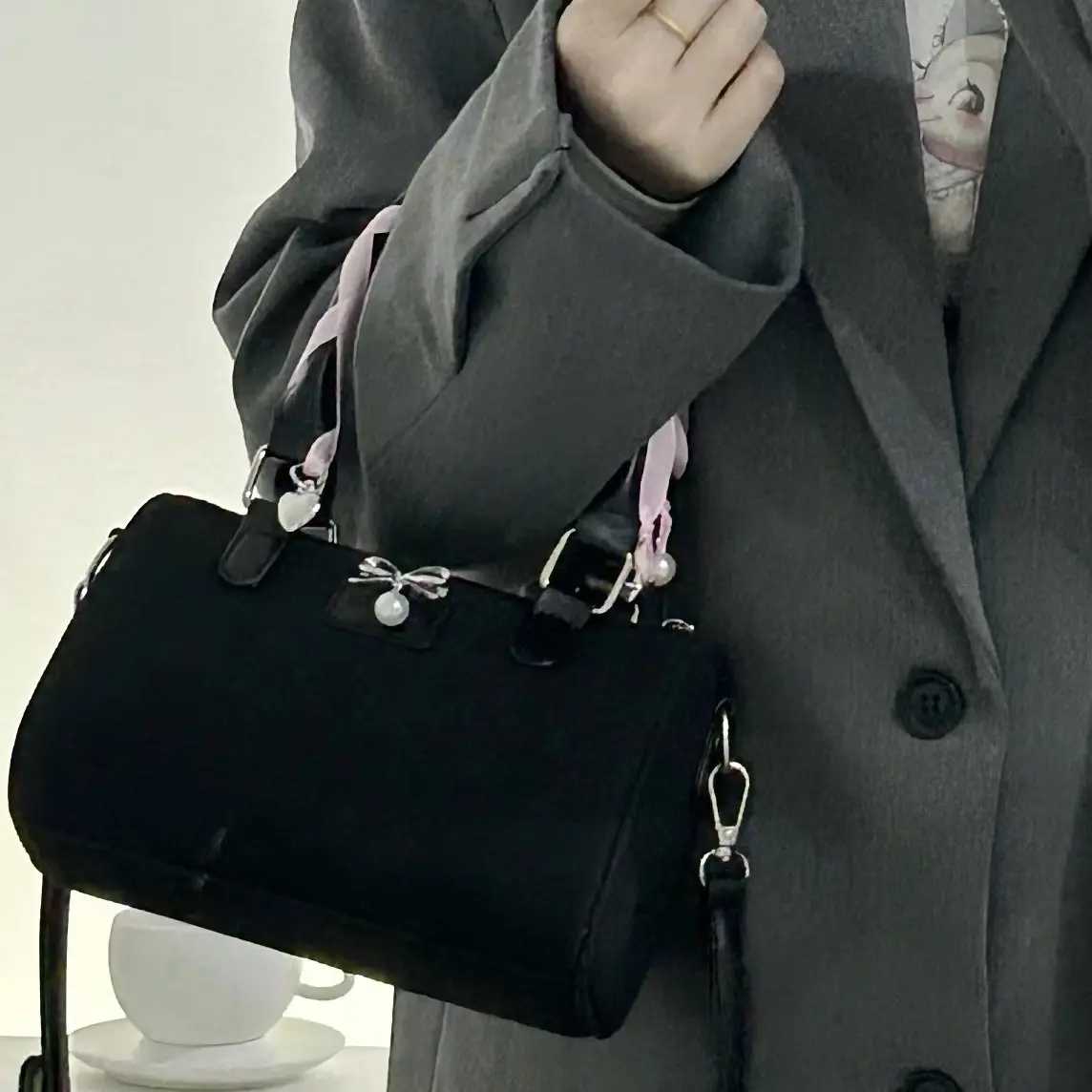Korean fashion trend high-grade Boston bag small girl heart bow portable commuter single shoulder straddle bag