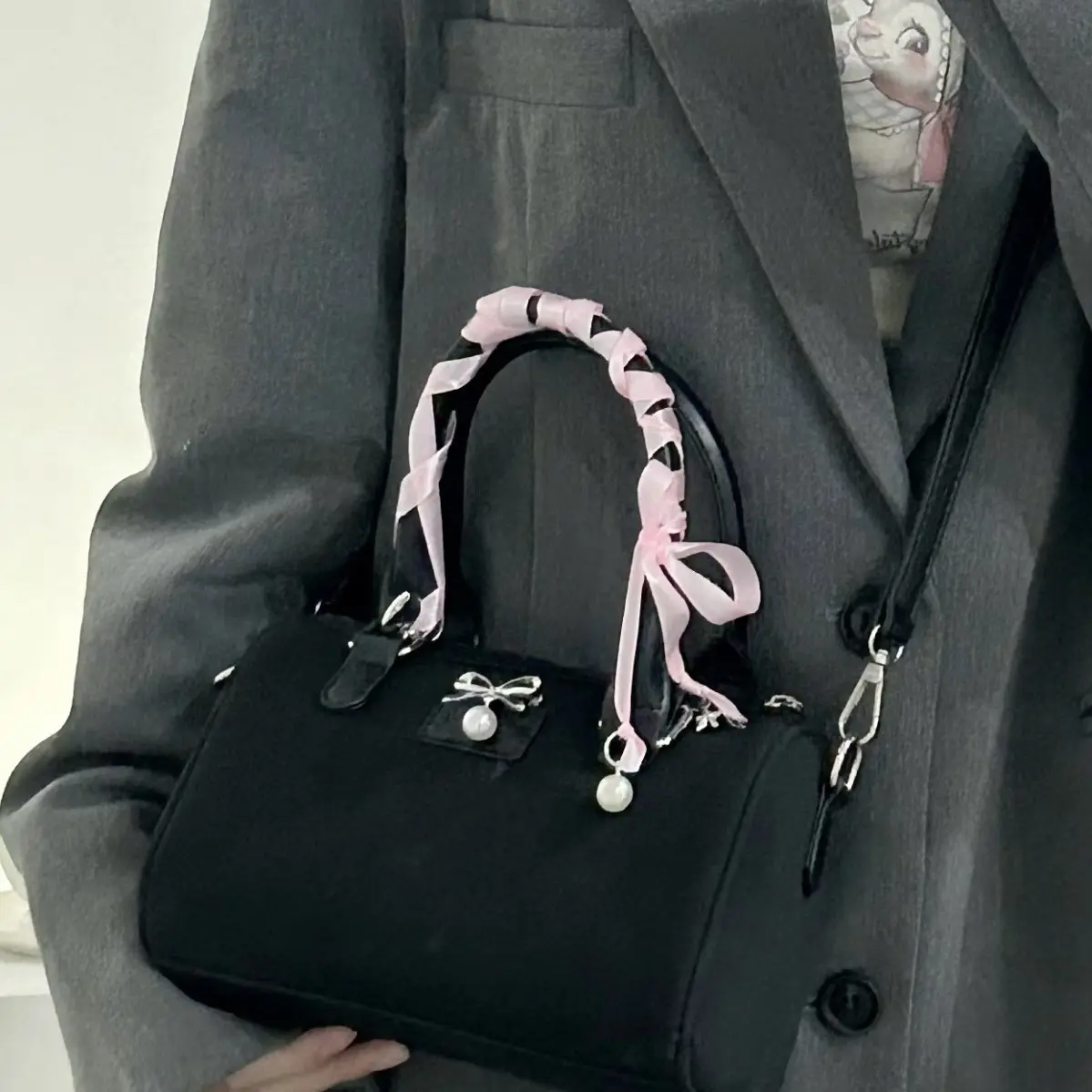 Korean fashion trend high-grade Boston bag small girl heart bow portable commuter single shoulder straddle bag
