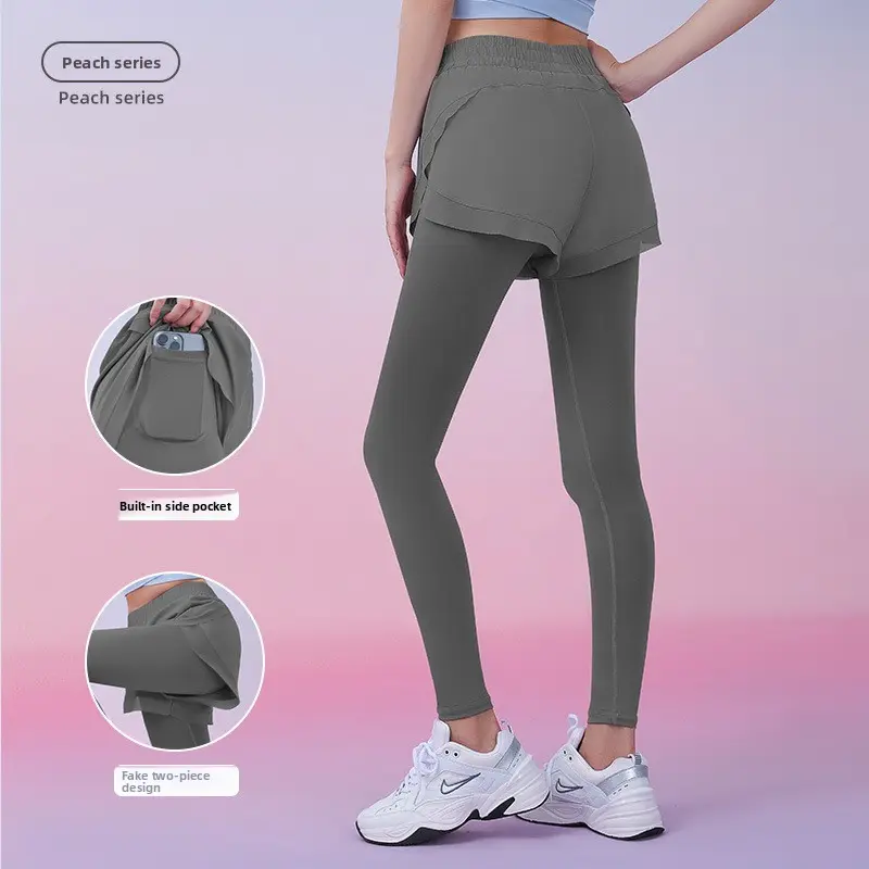 Juyatang fake two-piece sports leggings pocket pants nude fitness trousers high waist hip yoga pants women