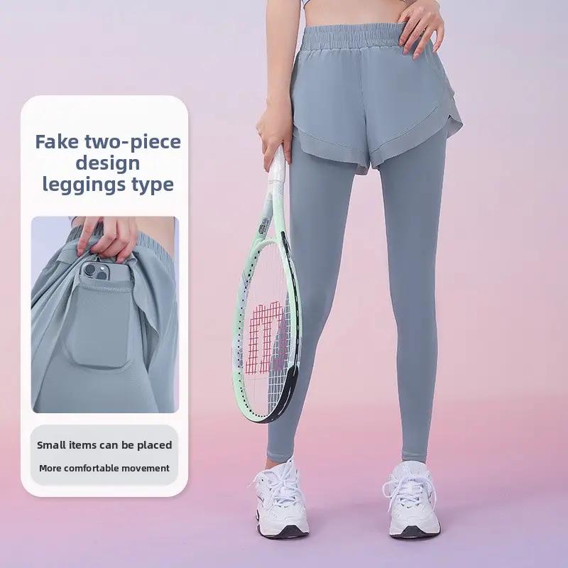 Juyatang fake two-piece sports leggings pocket pants nude fitness trousers high waist hip yoga pants women
