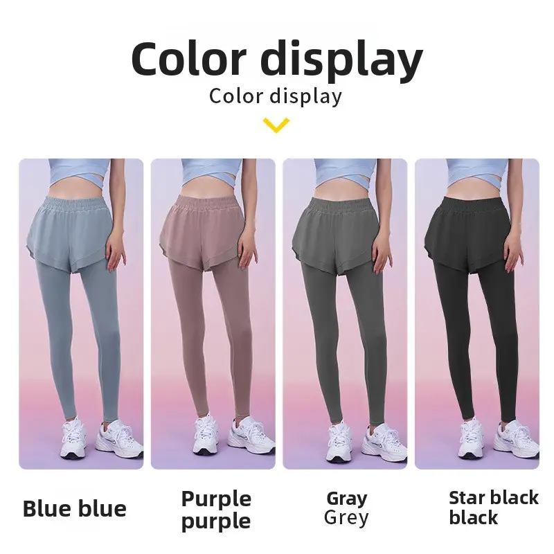 Juyatang fake two-piece sports leggings pocket pants nude fitness trousers high waist hip yoga pants women