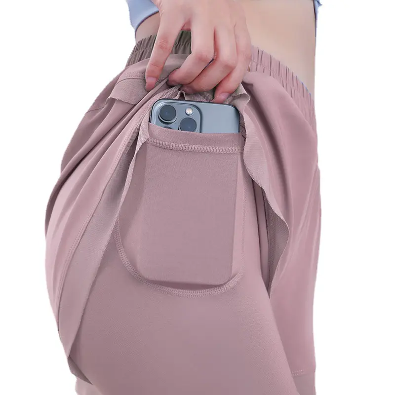 Juyatang fake two-piece sports leggings pocket pants nude fitness trousers high waist hip yoga pants women