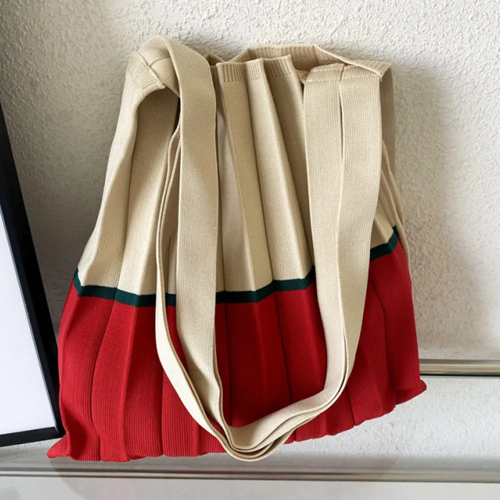 Knitted Foldable Storage Handbag Casual Large Capacity Reusable Eco Folding Shopping Tote Bags For Women Organ Pleats