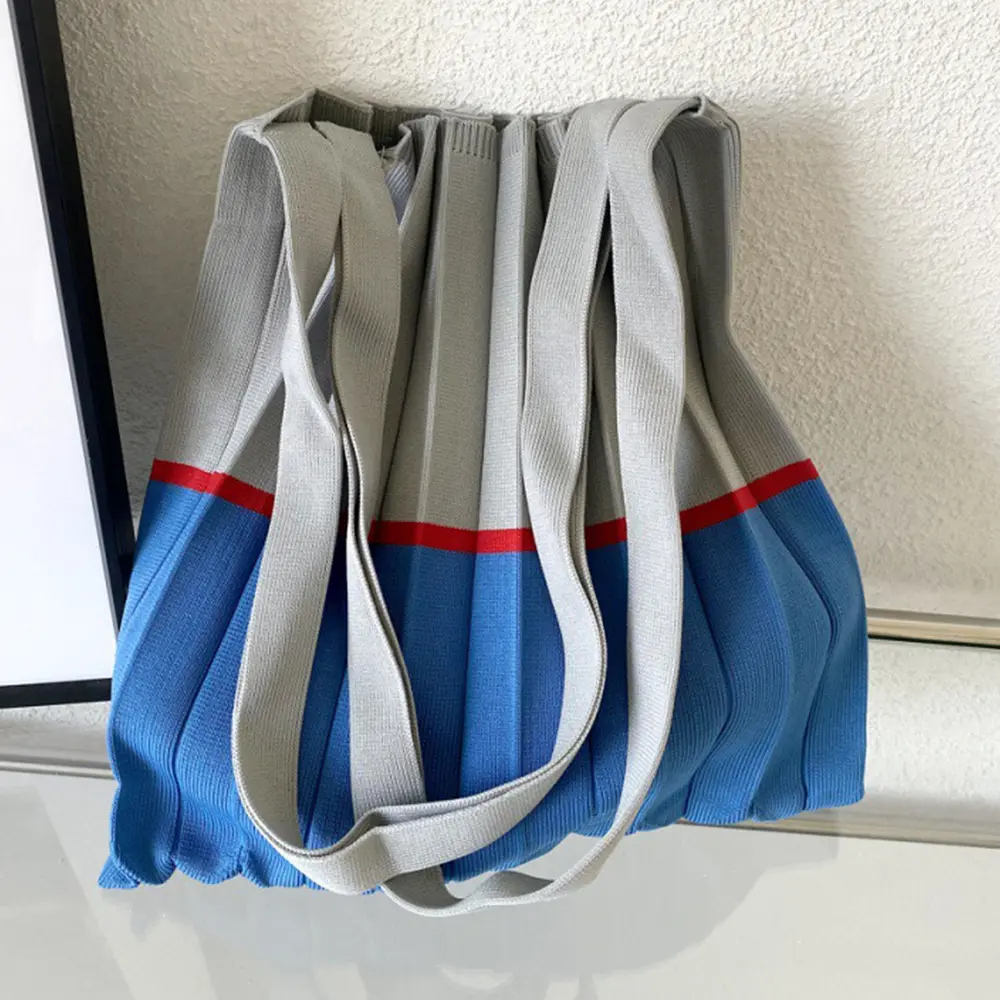 Knitted Foldable Storage Handbag Casual Large Capacity Reusable Eco Folding Shopping Tote Bags For Women Organ Pleats