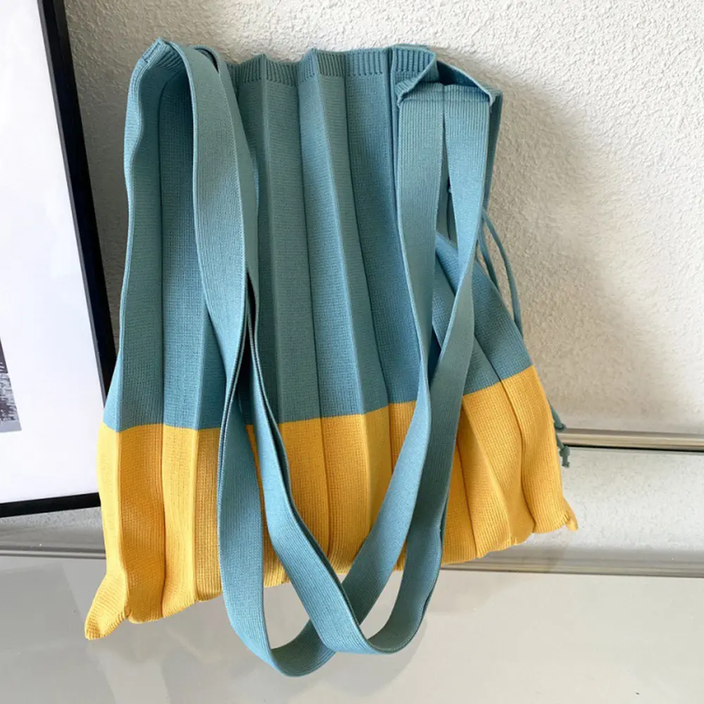 Knitted Foldable Storage Handbag Casual Large Capacity Reusable Eco Folding Shopping Tote Bags For Women Organ Pleats