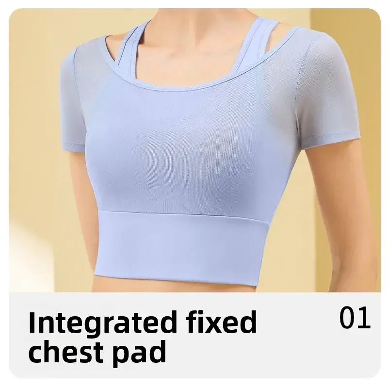 mesh sports short sleeves, chest pads, nude high elastic outdoor running yoga clothes, short sleeves for women in summer
