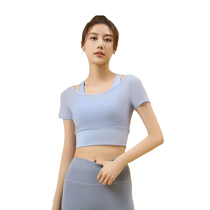 mesh sports short sleeves, chest pads, nude high elastic outdoor running yoga clothes, short sleeves for women in summer